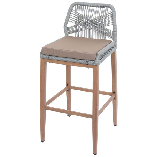 Cosmo Casa - Set van 2 Touw Barkrukken - Buitenzitkussens - Touwgaas - Metaal Houtlook - Lichtgrijs - Taupe Kussens
