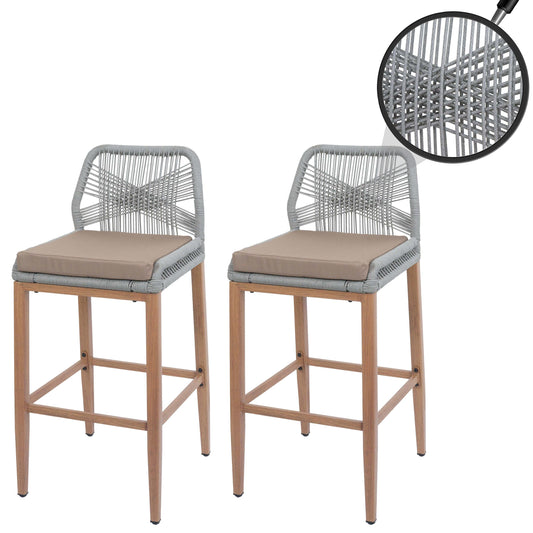 Cosmo Casa - Set van 2 Touw Barkrukken - Buitenzitkussens - Touwgaas - Metaal Houtlook - Lichtgrijs - Taupe Kussens