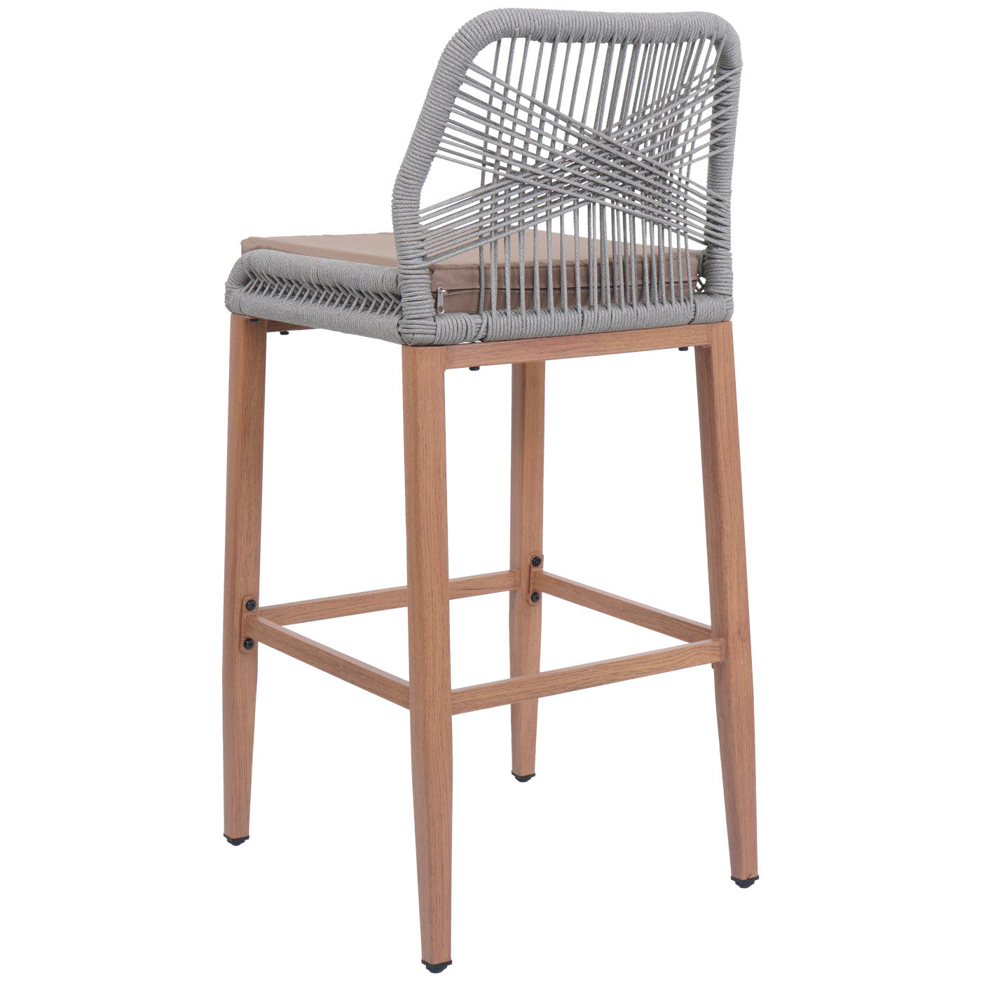 Cosmo Casa - Set van 2 Touw Barkrukken - Buitenzitkussens - Touwgaas - Metaal Houtlook - Lichtgrijs - Taupe Kussens