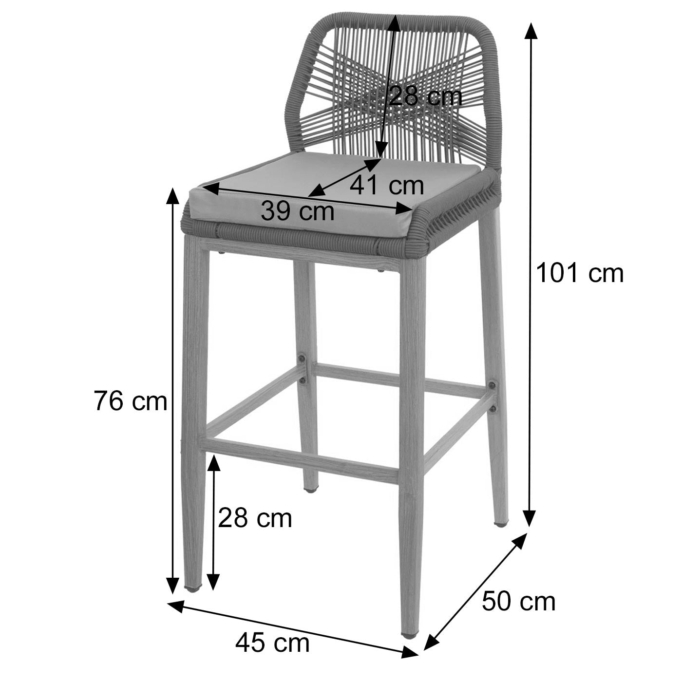 Cosmo Casa - Set van 2 Touw Barkrukken - Buitenzitkussens - Touwgaas - Metaal Houtlook - Lichtgrijs - Lichtgrijze Kussens
