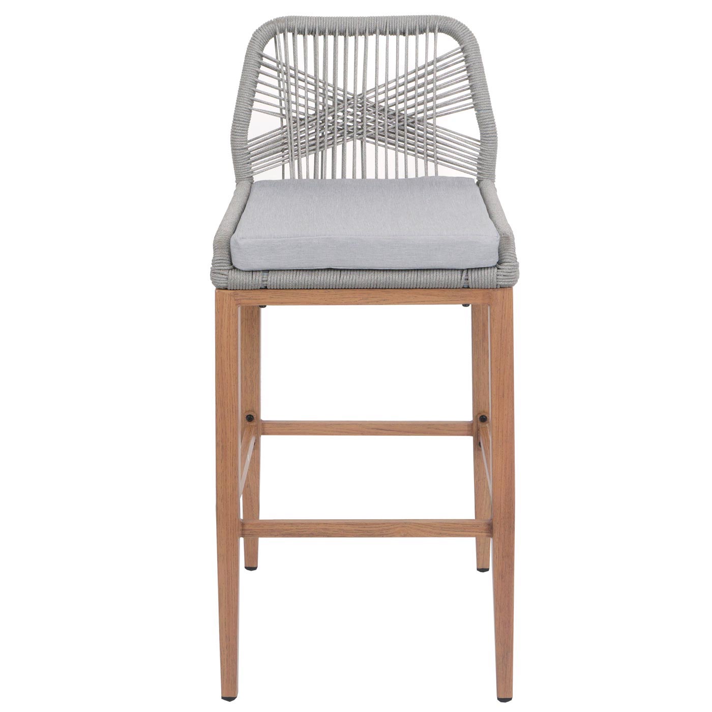 Cosmo Casa - Set van 2 Touw Barkrukken - Buitenzitkussens - Touwgaas - Metaal Houtlook - Lichtgrijs - Lichtgrijze Kussens