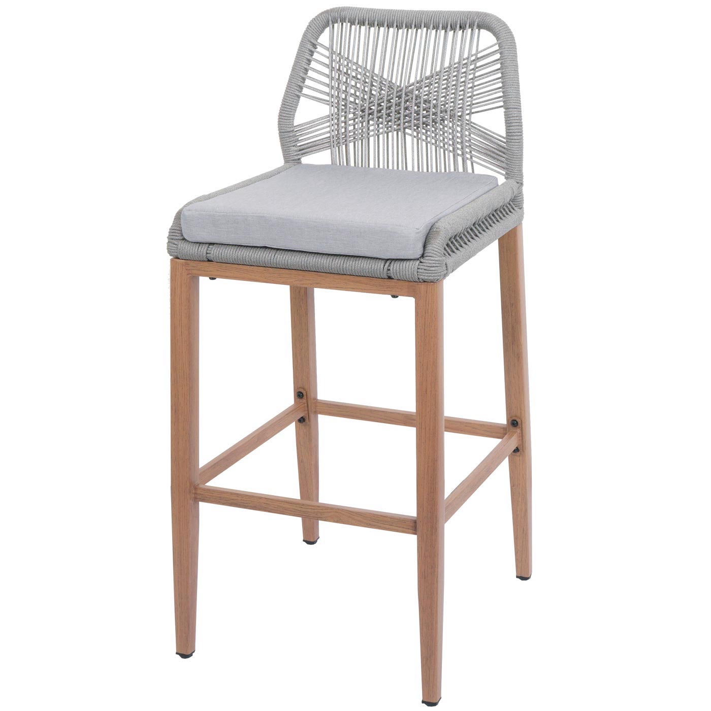 Cosmo Casa - Set van 2 Touw Barkrukken - Buitenzitkussens - Touwgaas - Metaal Houtlook - Lichtgrijs - Lichtgrijze Kussens