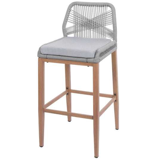 Cosmo Casa - Set van 2 Touw Barkrukken - Buitenzitkussens - Touwgaas - Metaal Houtlook - Lichtgrijs - Lichtgrijze Kussens