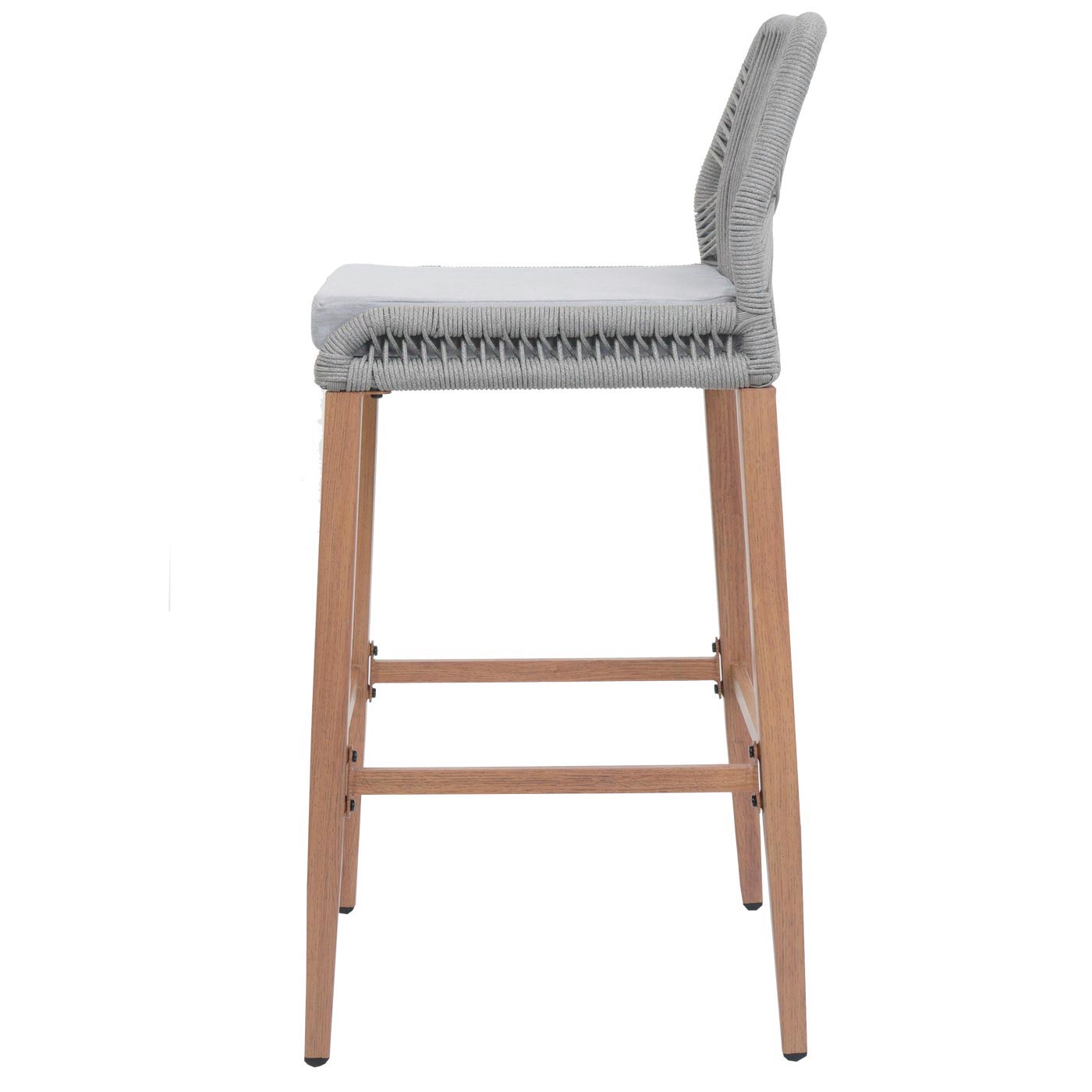 Cosmo Casa - Set van 2 Touw Barkrukken - Buitenzitkussens - Touwgaas - Metaal Houtlook - Lichtgrijs - Lichtgrijze Kussens