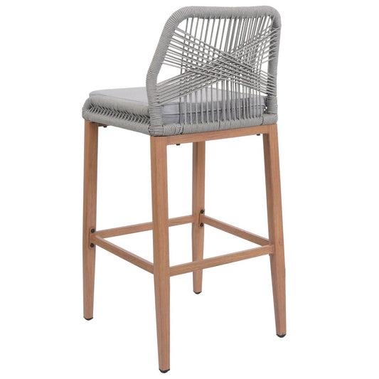 Cosmo Casa - Set van 2 Touw Barkrukken - Buitenzitkussens - Touwgaas - Metaal Houtlook - Lichtgrijs - Lichtgrijze Kussens