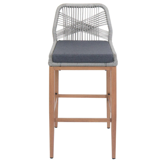 Cosmo Casa - Set van 2 Touw Barkrukken - Buitenzitkussens - Touwgaas - Metaal Houtlook - Lichtgrijs - Donkergrijze Kussens