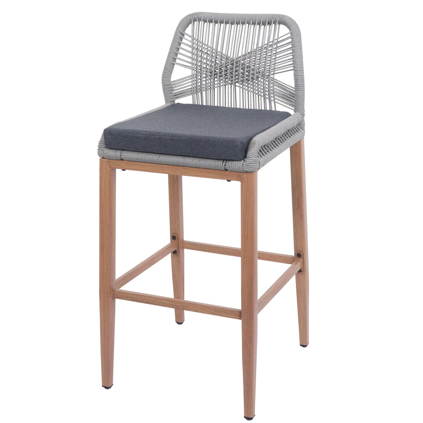 Cosmo Casa - Set van 2 Touw Barkrukken - Buitenzitkussens - Touwgaas - Metaal Houtlook - Lichtgrijs - Donkergrijze Kussens