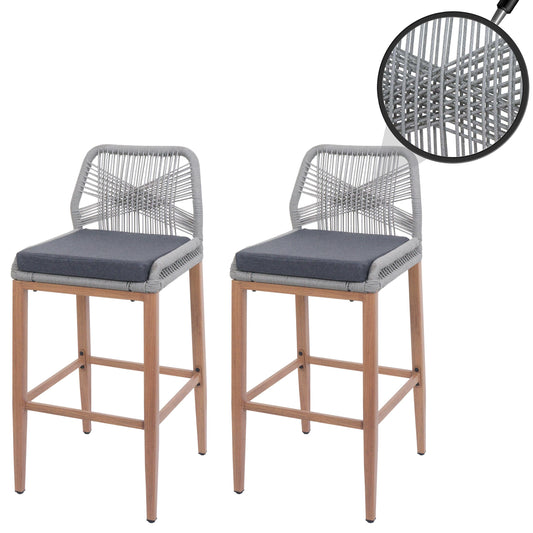 Cosmo Casa - Set van 2 Touw Barkrukken - Buitenzitkussens - Touwgaas - Metaal Houtlook - Lichtgrijs - Donkergrijze Kussens