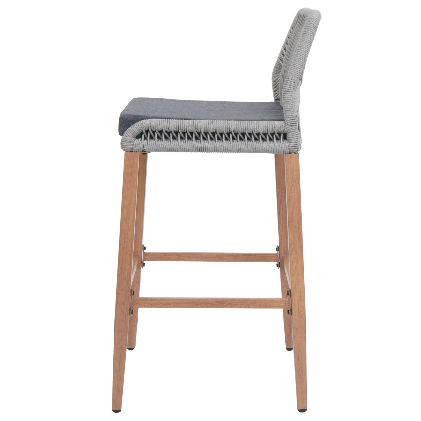 Cosmo Casa - Set van 2 Touw Barkrukken - Buitenzitkussens - Touwgaas - Metaal Houtlook - Lichtgrijs - Donkergrijze Kussens