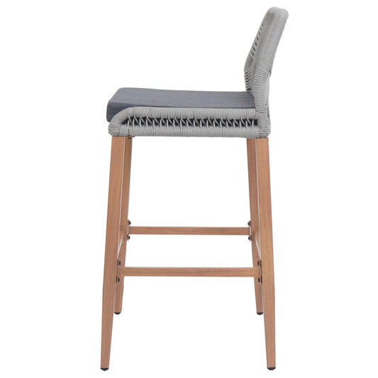 Cosmo Casa - Set van 2 Touw Barkrukken - Buitenzitkussens - Touwgaas - Metaal Houtlook - Lichtgrijs - Donkergrijze Kussens