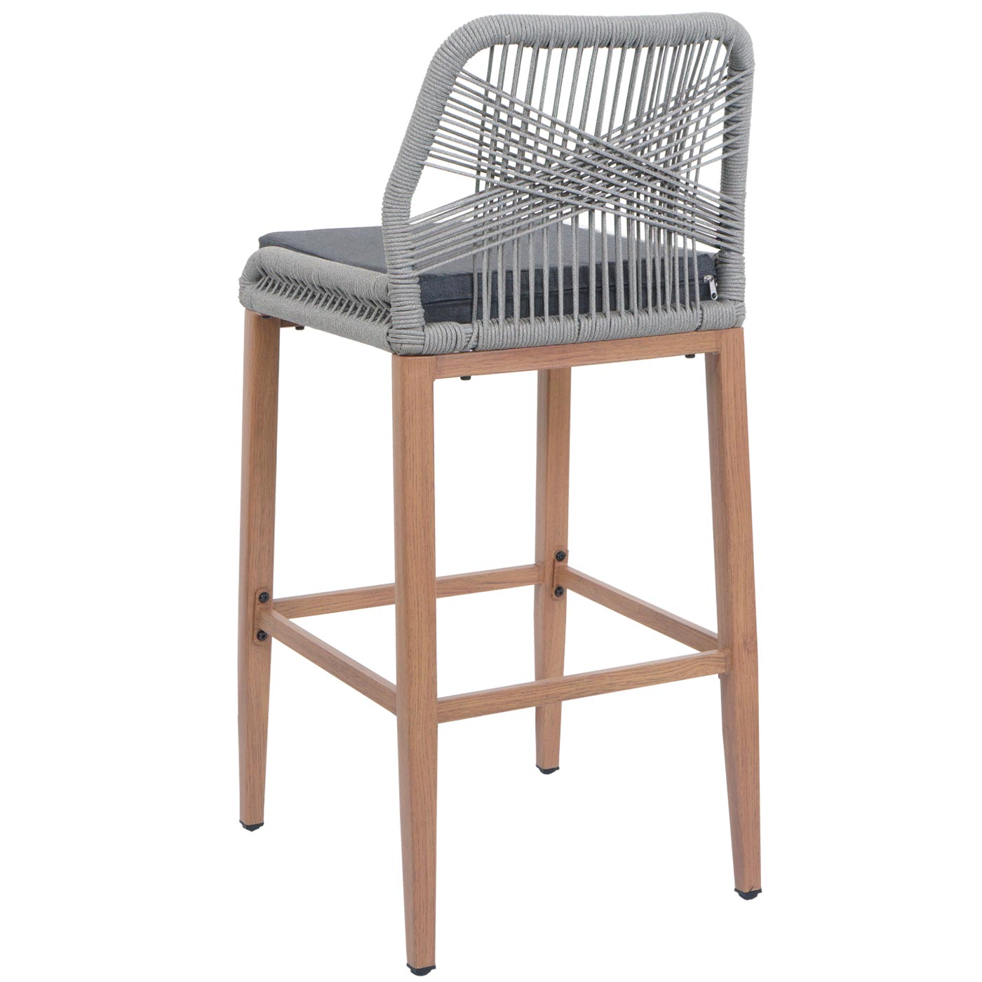 Cosmo Casa - Set van 2 Touw Barkrukken - Buitenzitkussens - Touwgaas - Metaal Houtlook - Lichtgrijs - Donkergrijze Kussens