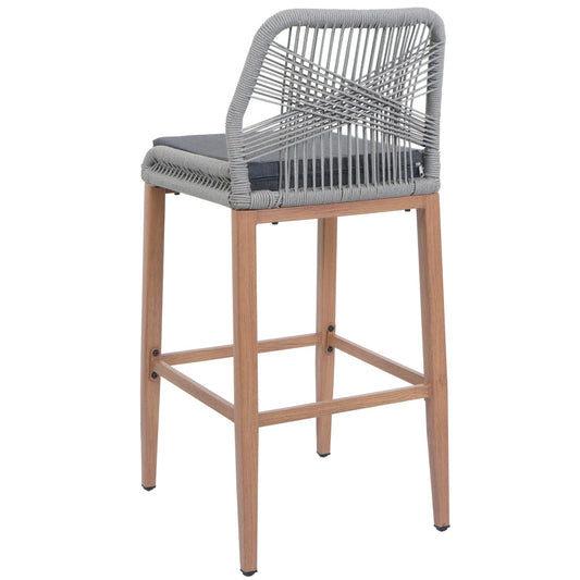 Cosmo Casa - Set van 2 Touw Barkrukken - Buitenzitkussens - Touwgaas - Metaal Houtlook - Lichtgrijs - Donkergrijze Kussens