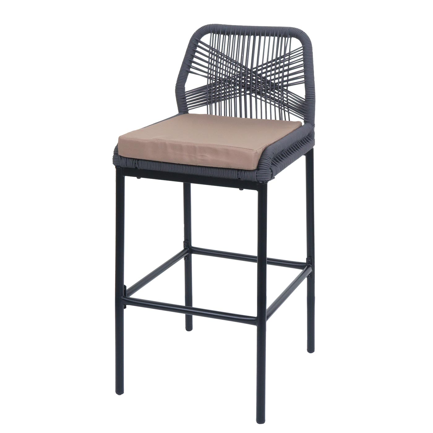 Cosmo Casa - Set van 2 Touw Barkrukken - Buitenzitkussens - Metaal - Touwgaas - Antraciet - Taupe Kussens