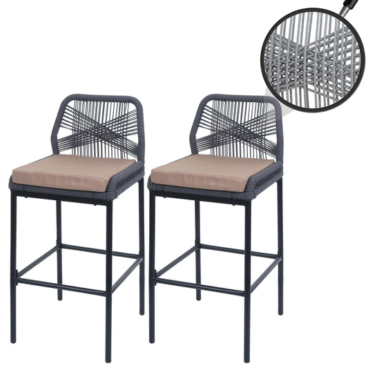 Cosmo Casa - Set van 2 Touw Barkrukken - Buitenzitkussens - Metaal - Touwgaas - Antraciet - Taupe Kussens
