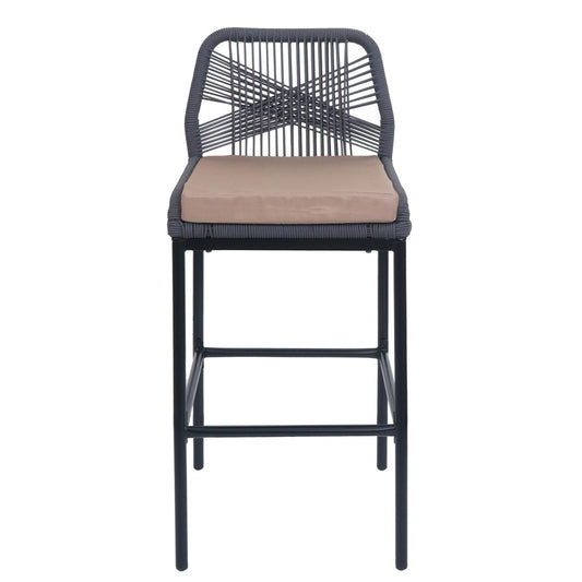 Cosmo Casa - Set van 2 Touw Barkrukken - Buitenzitkussens - Metaal - Touwgaas - Antraciet - Taupe Kussens