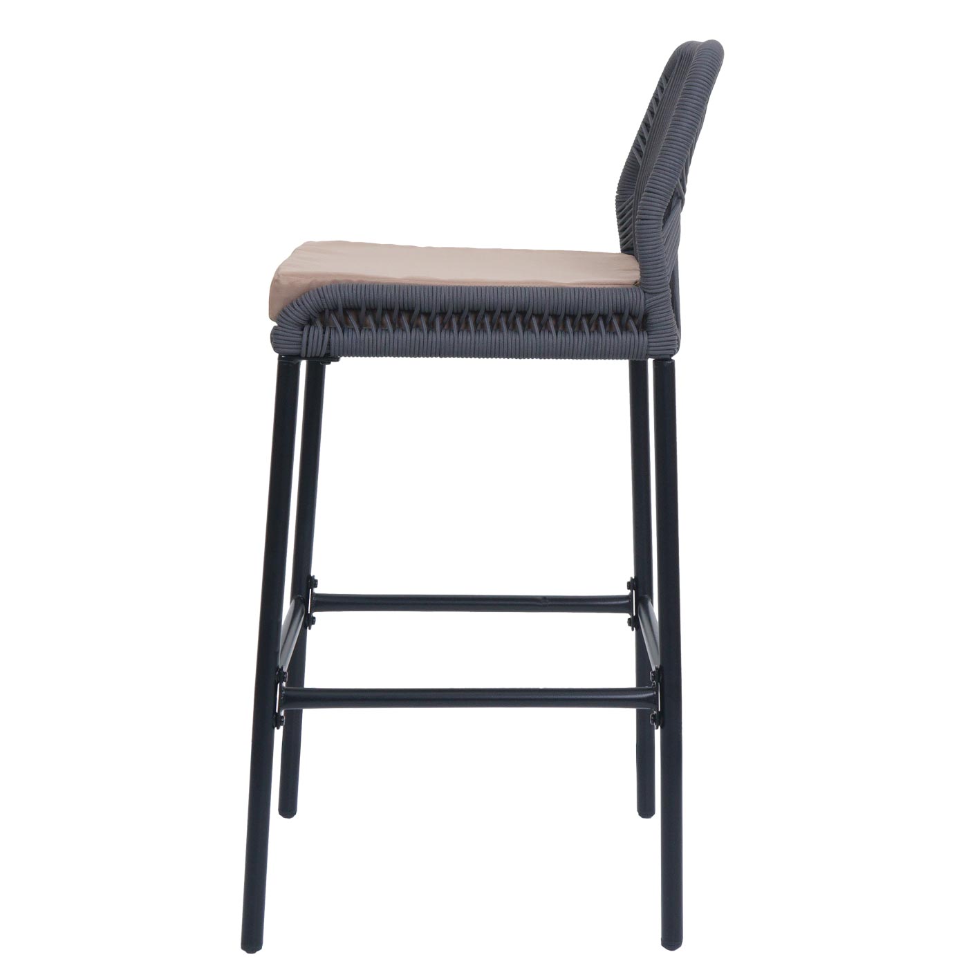 Cosmo Casa - Set van 2 Touw Barkrukken - Buitenzitkussens - Metaal - Touwgaas - Antraciet - Taupe Kussens