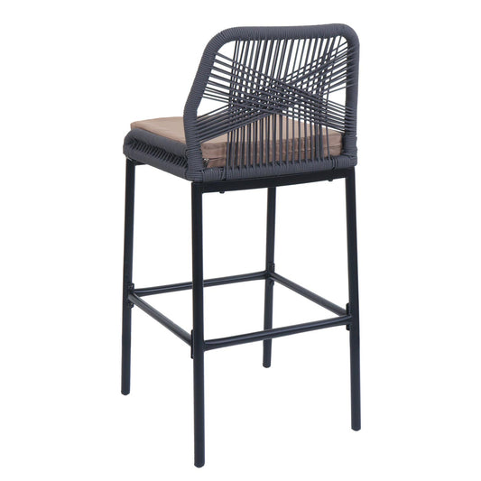 Cosmo Casa - Set van 2 Touw Barkrukken - Buitenzitkussens - Metaal - Touwgaas - Antraciet - Taupe Kussens