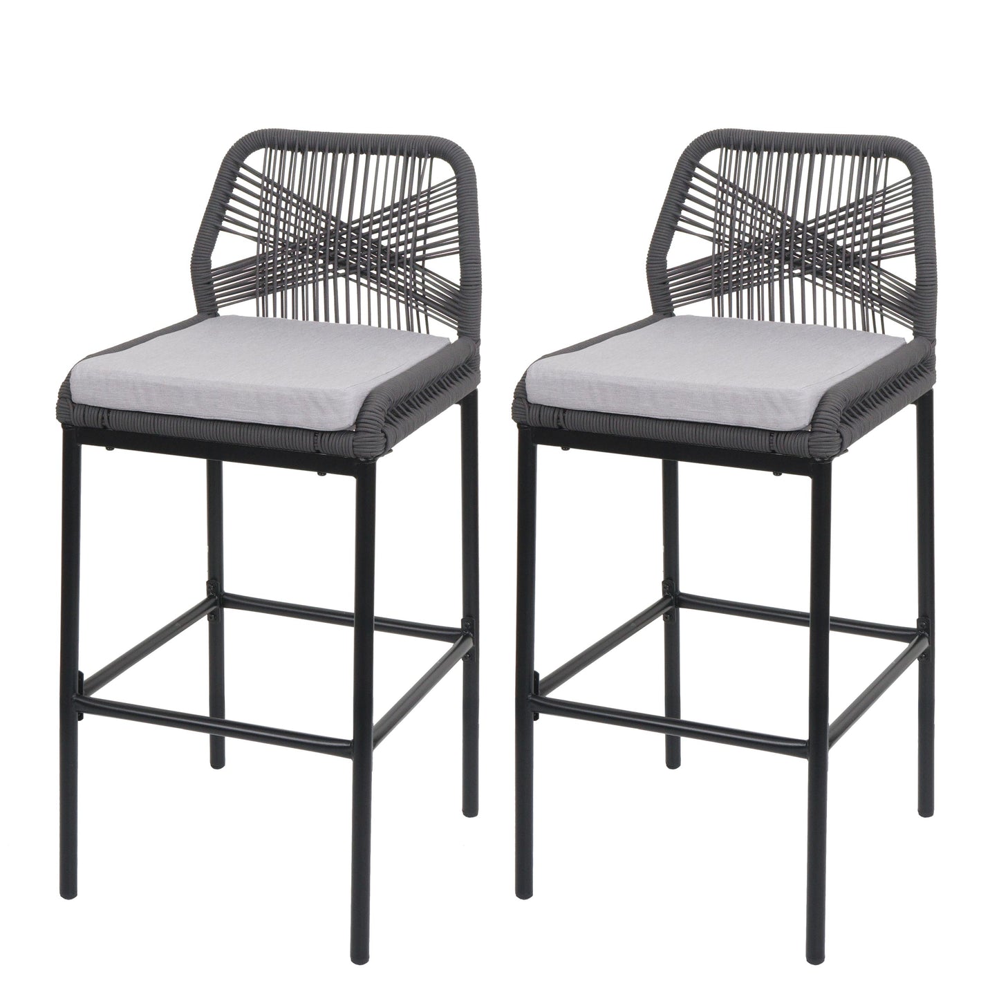 Cosmo Casa - Set van 2 Touw Barkrukken - Buitenzitkussens - Touwgaas - Metaal - Antraciet - Lichtgrijze Kussens