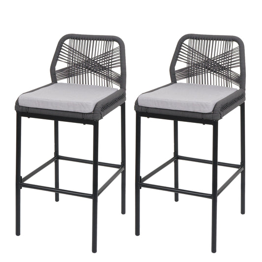 Cosmo Casa - Set van 2 Touw Barkrukken - Buitenzitkussens - Touwgaas - Metaal - Antraciet - Lichtgrijze Kussens