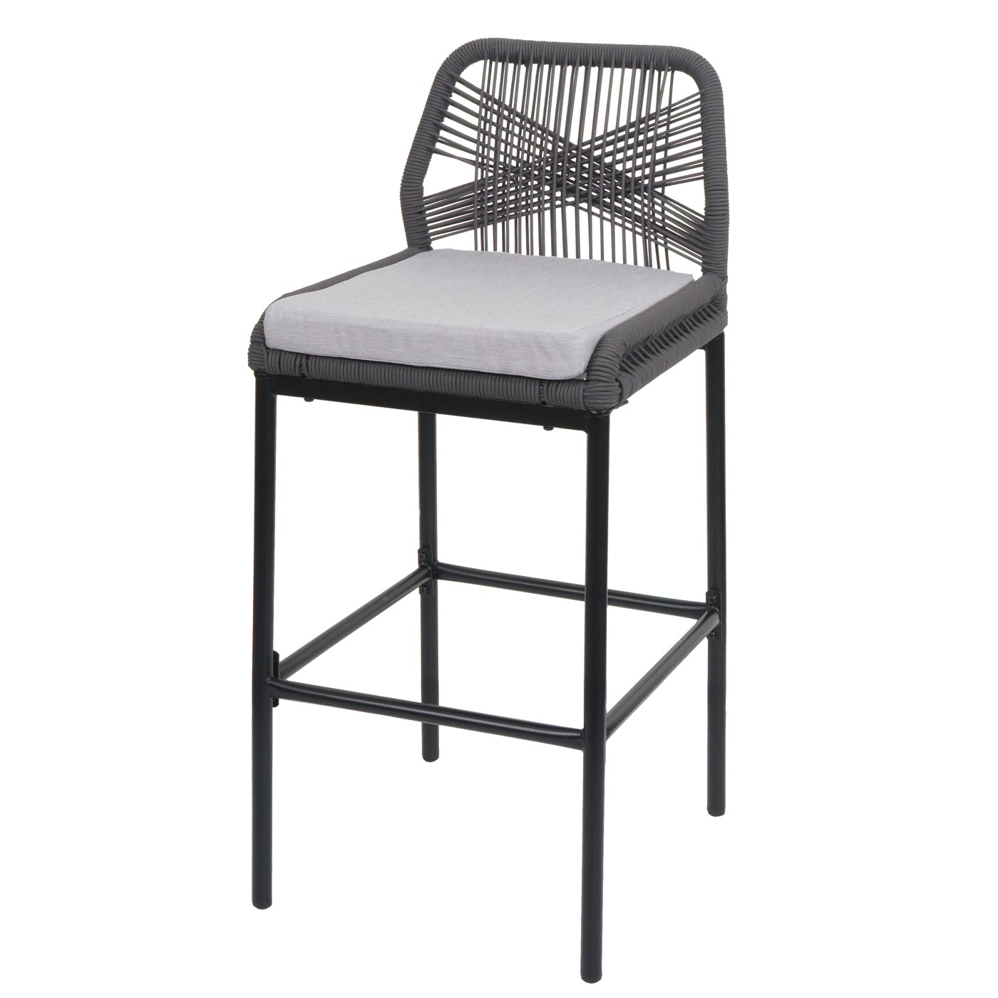 Cosmo Casa - Set van 2 Touw Barkrukken - Buitenzitkussens - Touwgaas - Metaal - Antraciet - Lichtgrijze Kussens