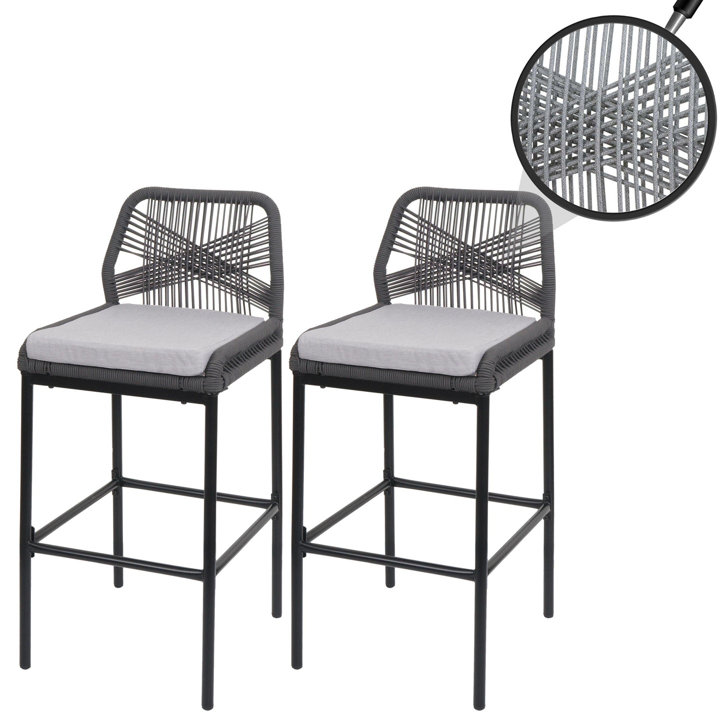 Cosmo Casa - Set van 2 Touw Barkrukken - Buitenzitkussens - Touwgaas - Metaal - Antraciet - Lichtgrijze Kussens