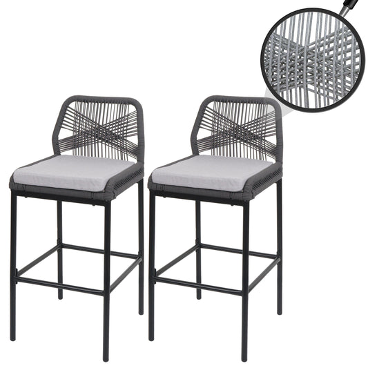 Cosmo Casa - Set van 2 Touw Barkrukken - Buitenzitkussens - Touwgaas - Metaal - Antraciet - Lichtgrijze Kussens