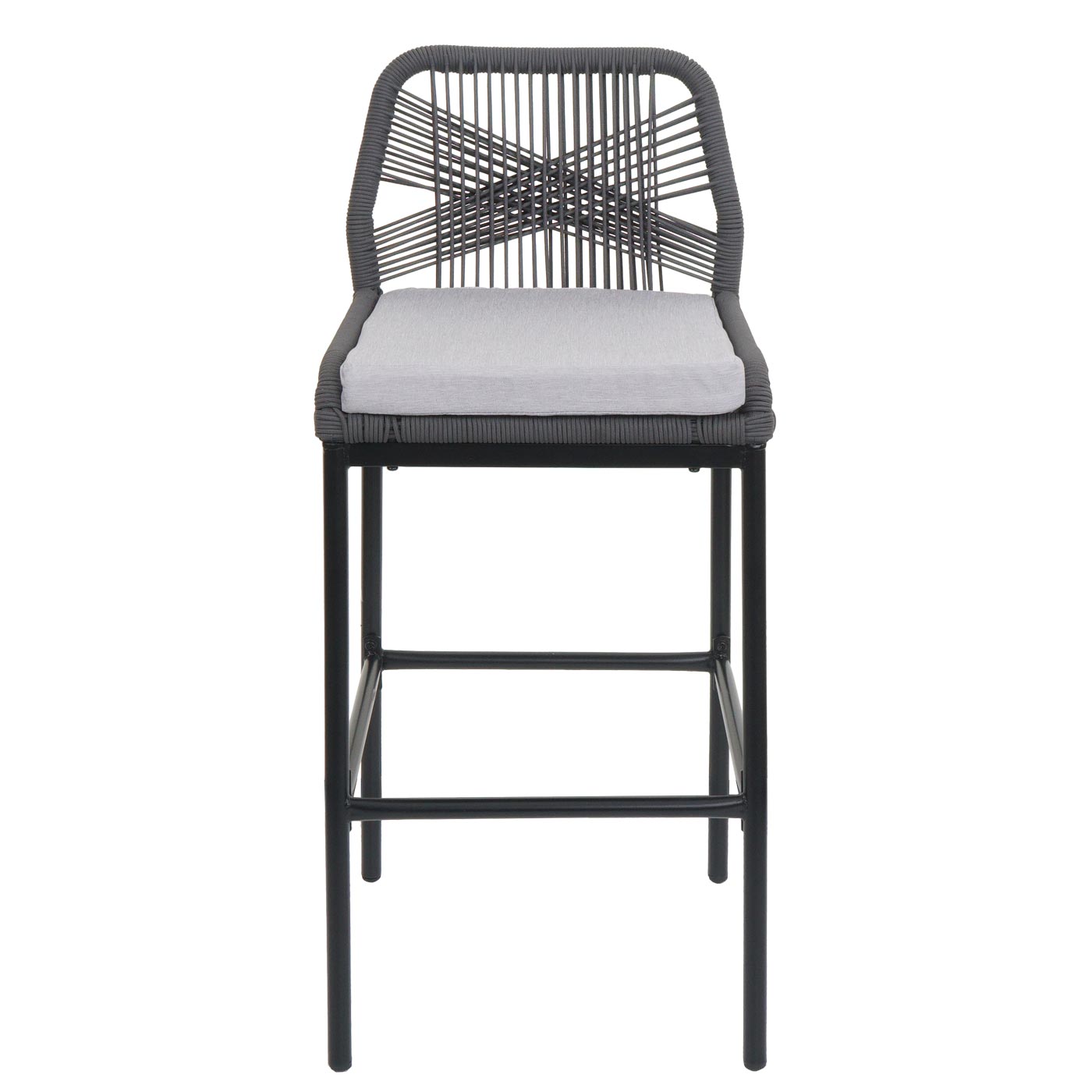 Cosmo Casa - Set van 2 Touw Barkrukken - Buitenzitkussens - Touwgaas - Metaal - Antraciet - Lichtgrijze Kussens