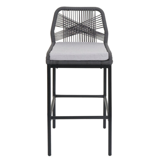 Cosmo Casa - Set van 2 Touw Barkrukken - Buitenzitkussens - Touwgaas - Metaal - Antraciet - Lichtgrijze Kussens