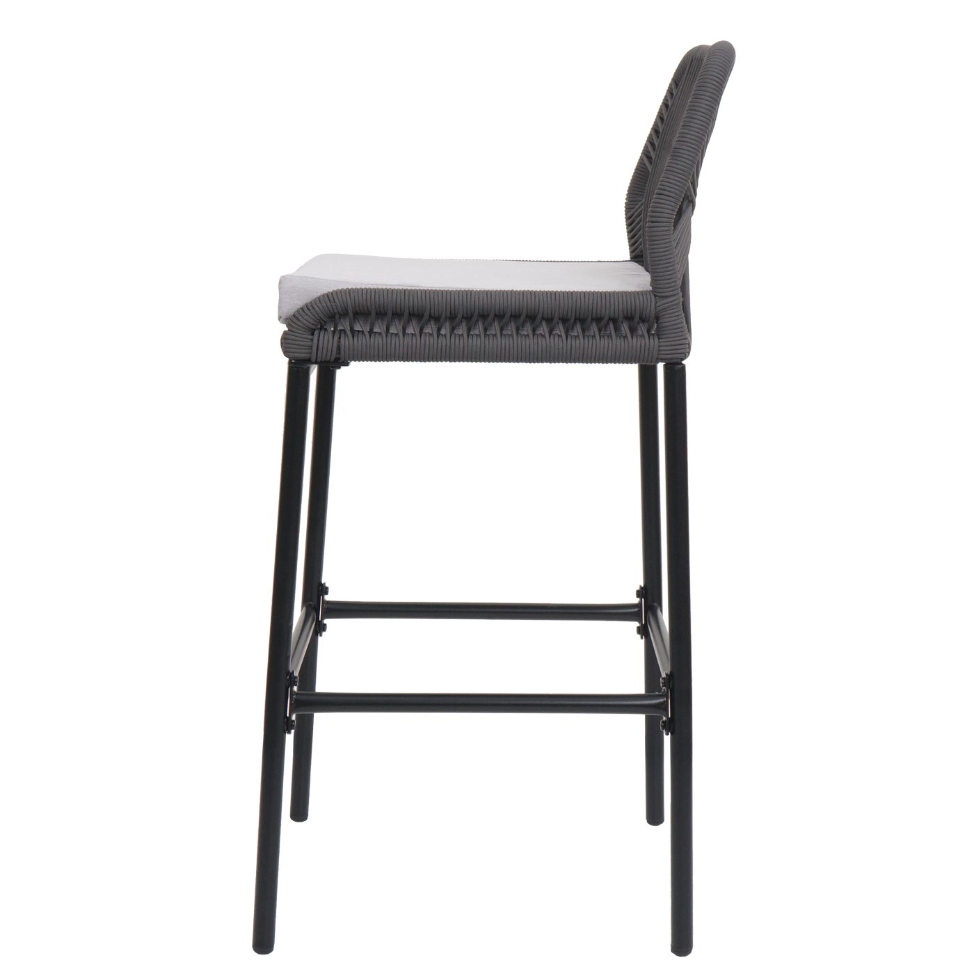 Cosmo Casa - Set van 2 Touw Barkrukken - Buitenzitkussens - Touwgaas - Metaal - Antraciet - Lichtgrijze Kussens