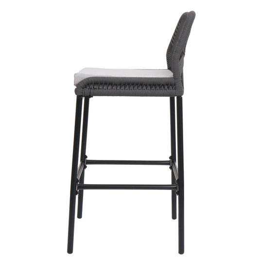 Cosmo Casa - Set van 2 Touw Barkrukken - Buitenzitkussens - Touwgaas - Metaal - Antraciet - Lichtgrijze Kussens