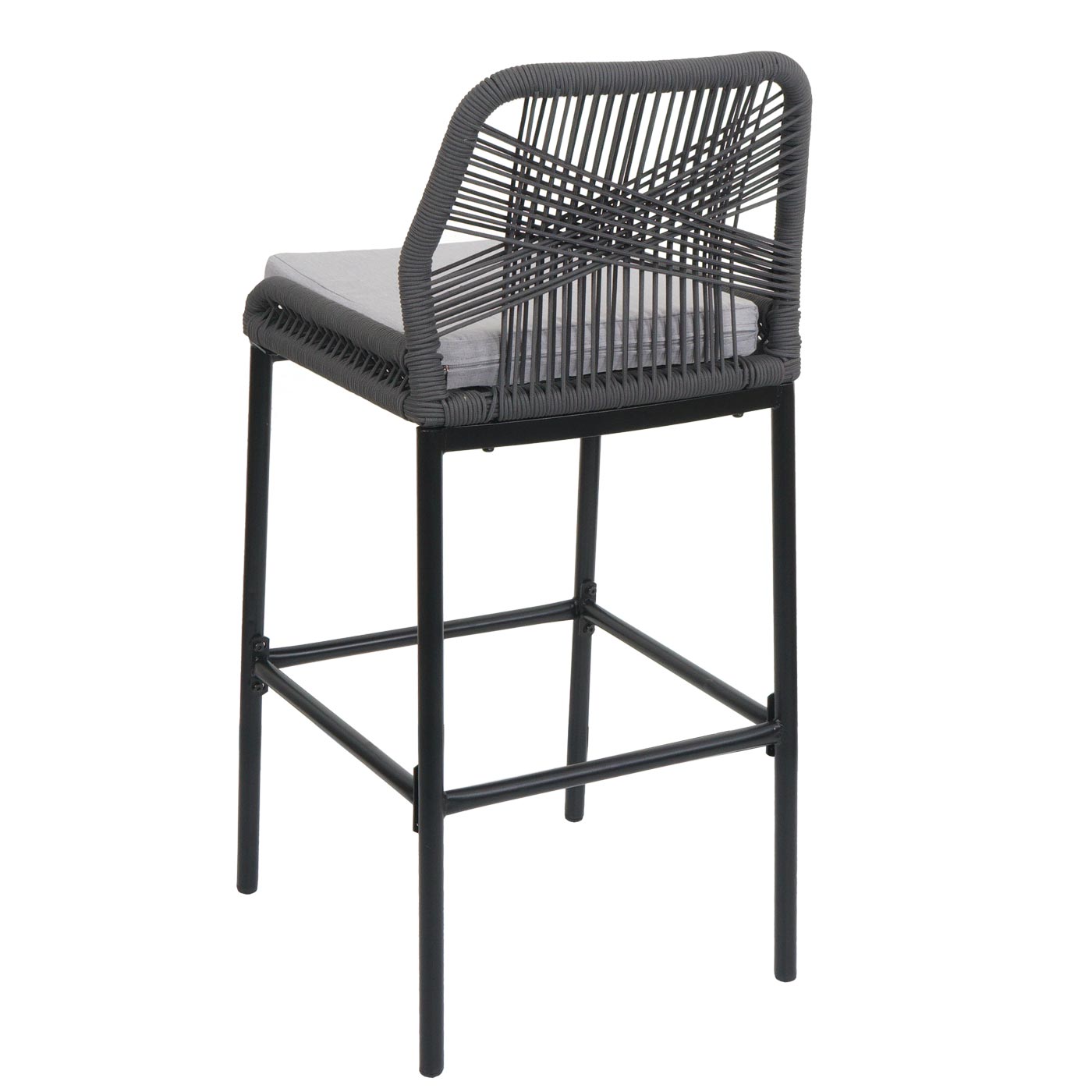 Cosmo Casa - Set van 2 Touw Barkrukken - Buitenzitkussens - Touwgaas - Metaal - Antraciet - Lichtgrijze Kussens