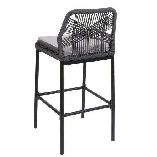 Cosmo Casa - Set van 2 Touw Barkrukken - Buitenzitkussens - Touwgaas - Metaal - Antraciet - Lichtgrijze Kussens