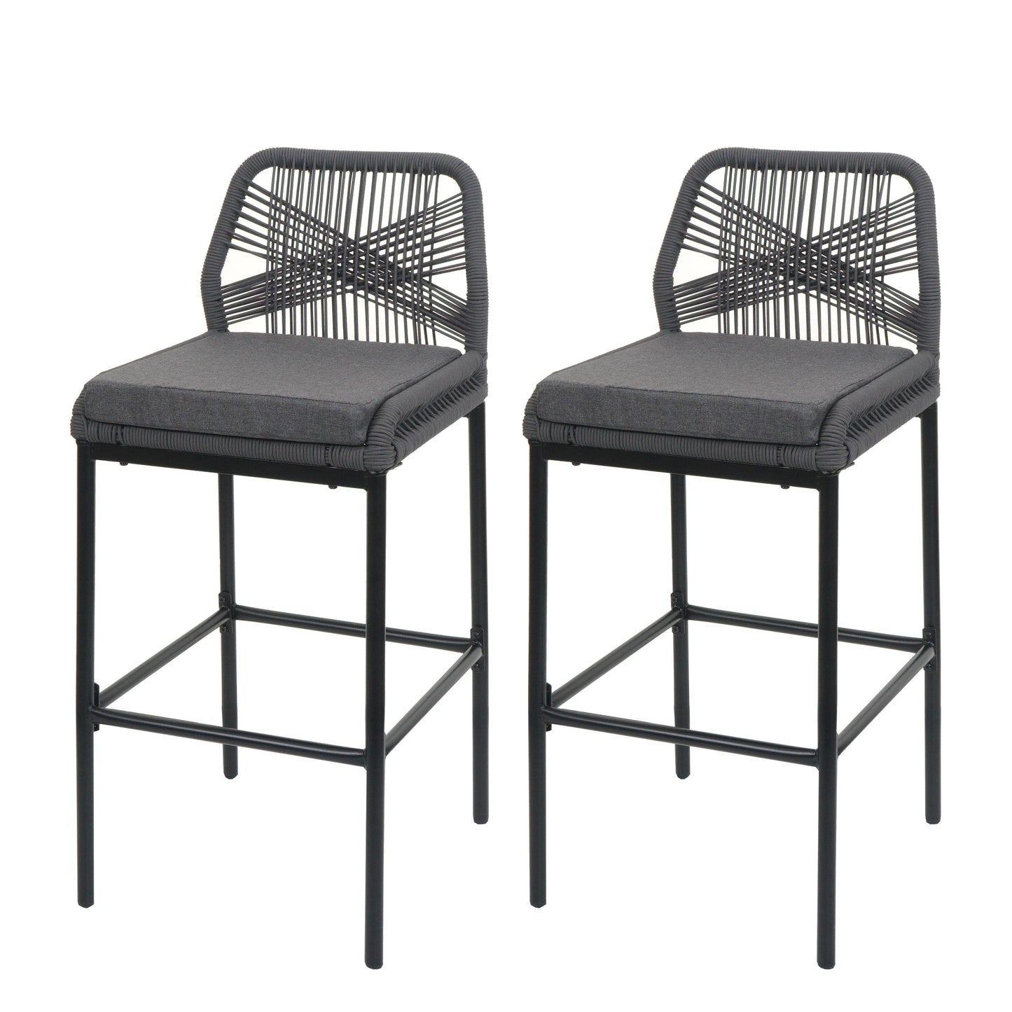 Cosmo Casa - Set van 2 Touw Barkrukken - Buitenzitkussens - Touwgaas - Metaal - Antraciet - Donkergrijze Kussens