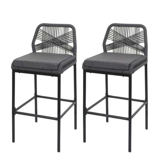 Cosmo Casa - Set van 2 Touw Barkrukken - Buitenzitkussens - Touwgaas - Metaal - Antraciet - Donkergrijze Kussens