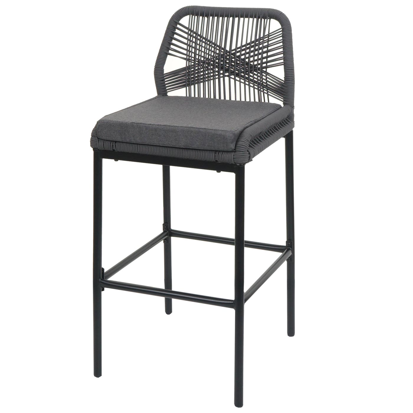 Cosmo Casa - Set van 2 Touw Barkrukken - Buitenzitkussens - Touwgaas - Metaal - Antraciet - Donkergrijze Kussens