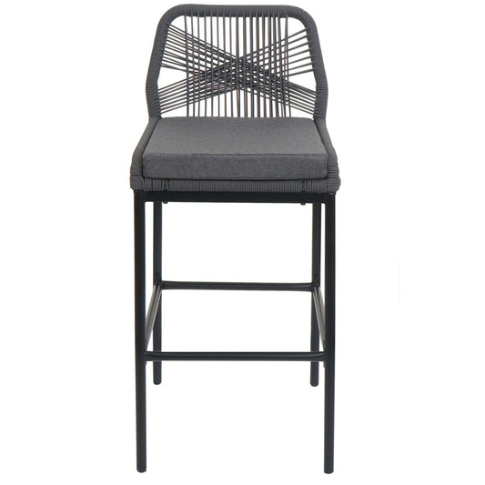 Cosmo Casa - Set van 2 Touw Barkrukken - Buitenzitkussens - Touwgaas - Metaal - Antraciet - Donkergrijze Kussens