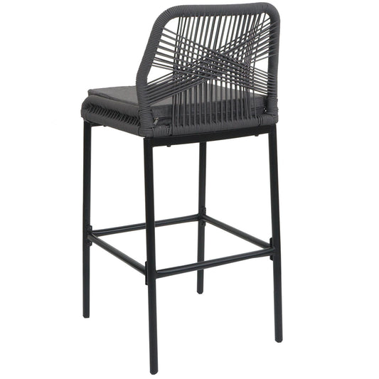 Cosmo Casa - Set van 2 Touw Barkrukken - Buitenzitkussens - Touwgaas - Metaal - Antraciet - Donkergrijze Kussens