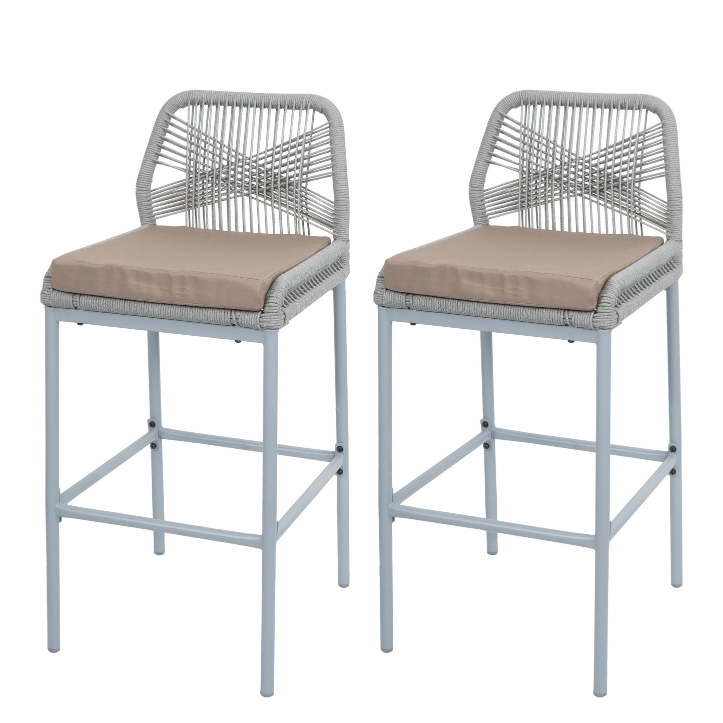 Cosmo Casa - Set van 2 Barkrukken - Touwgaas - Metaal Houtlook - Antraciet - Taupe Kussens