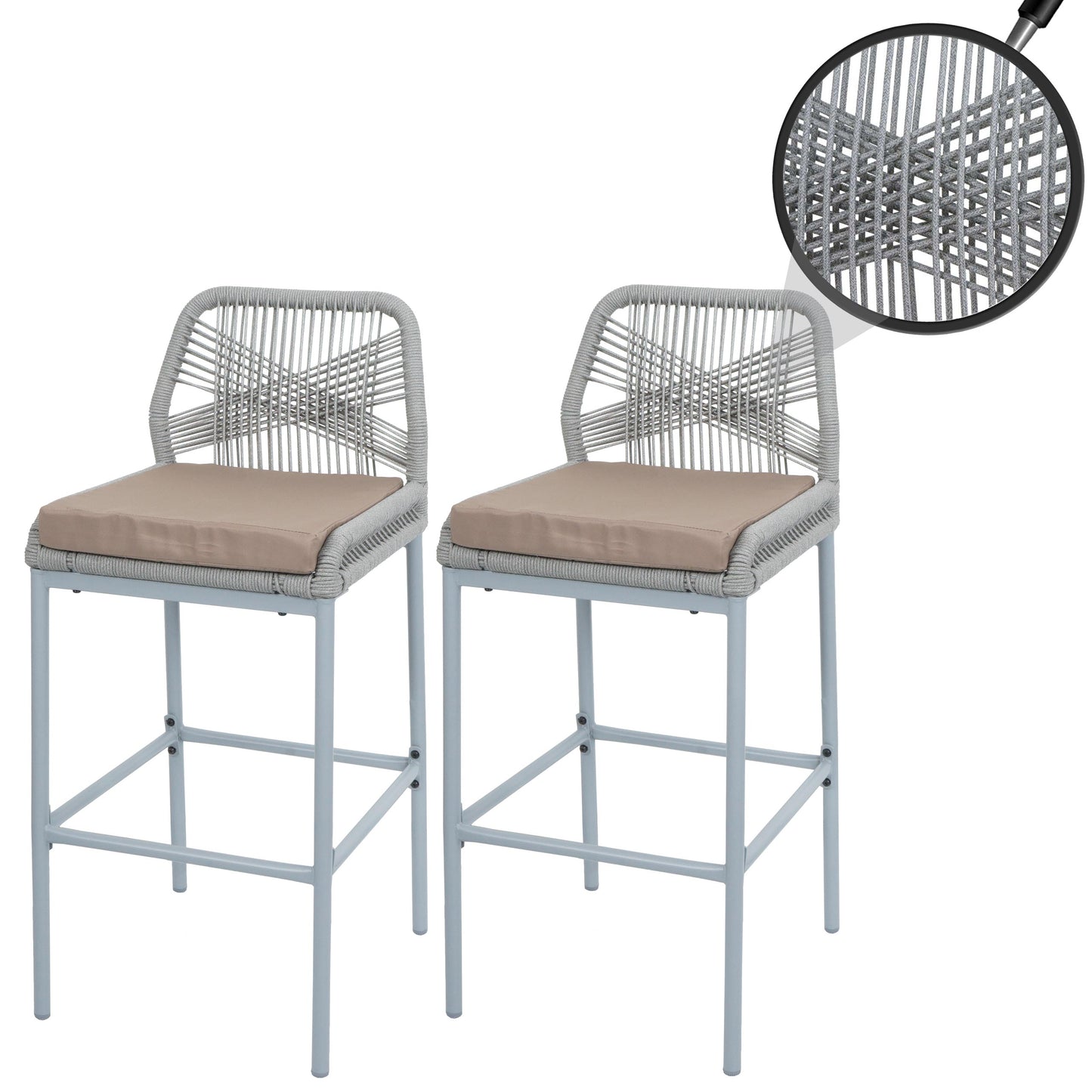 Cosmo Casa - Set van 2 Barkrukken - Touwgaas - Metaal Houtlook - Antraciet - Taupe Kussens