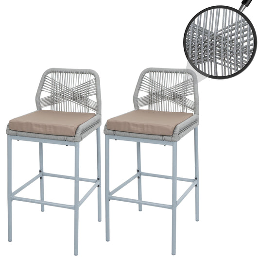 Cosmo Casa - Set van 2 Barkrukken - Touwgaas - Metaal Houtlook - Antraciet - Taupe Kussens