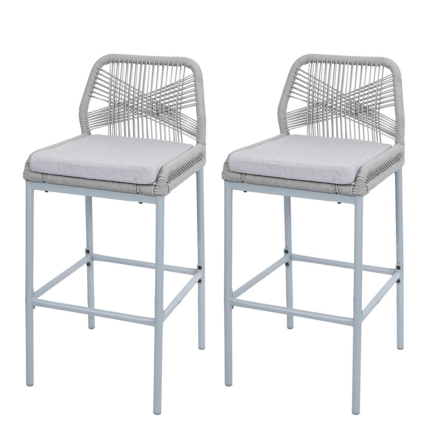 Cosmo Casa - Set van 2 Barkrukken - Touwgaas - Metaal Houtlook - Antraciet - Lichtgrijze Kussens