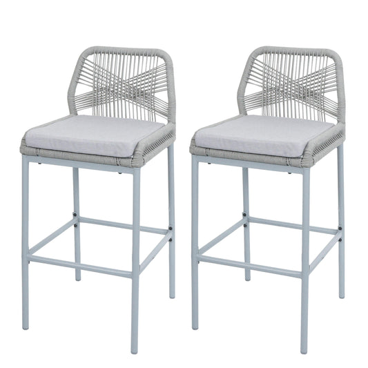 Cosmo Casa - Set van 2 Barkrukken - Touwgaas - Metaal Houtlook - Antraciet - Lichtgrijze Kussens