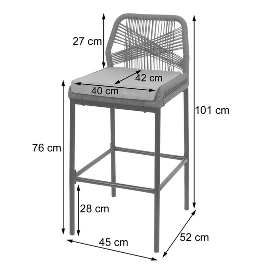 Cosmo Casa - Set van 2 Barkrukken - Touwgaas - Metaal Houtlook - Antraciet - Donkergrijs Kussens