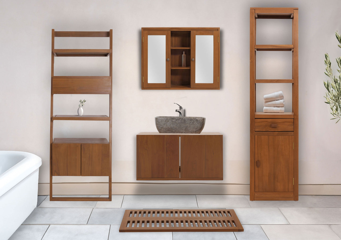 Cosmo Casa - Teak Badkamerset - IJdelheid Plank - Ladder Plank - Muur Spiegel - Badmat - Hoogwaardig B-Kwaliteit Teak