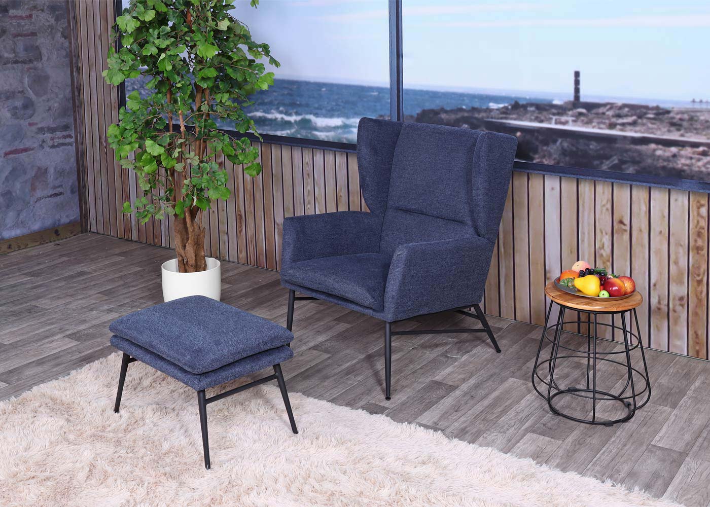 Cosmo Casa - Loungestoel met poef - Gestoffeerd - Textiel - Blauw