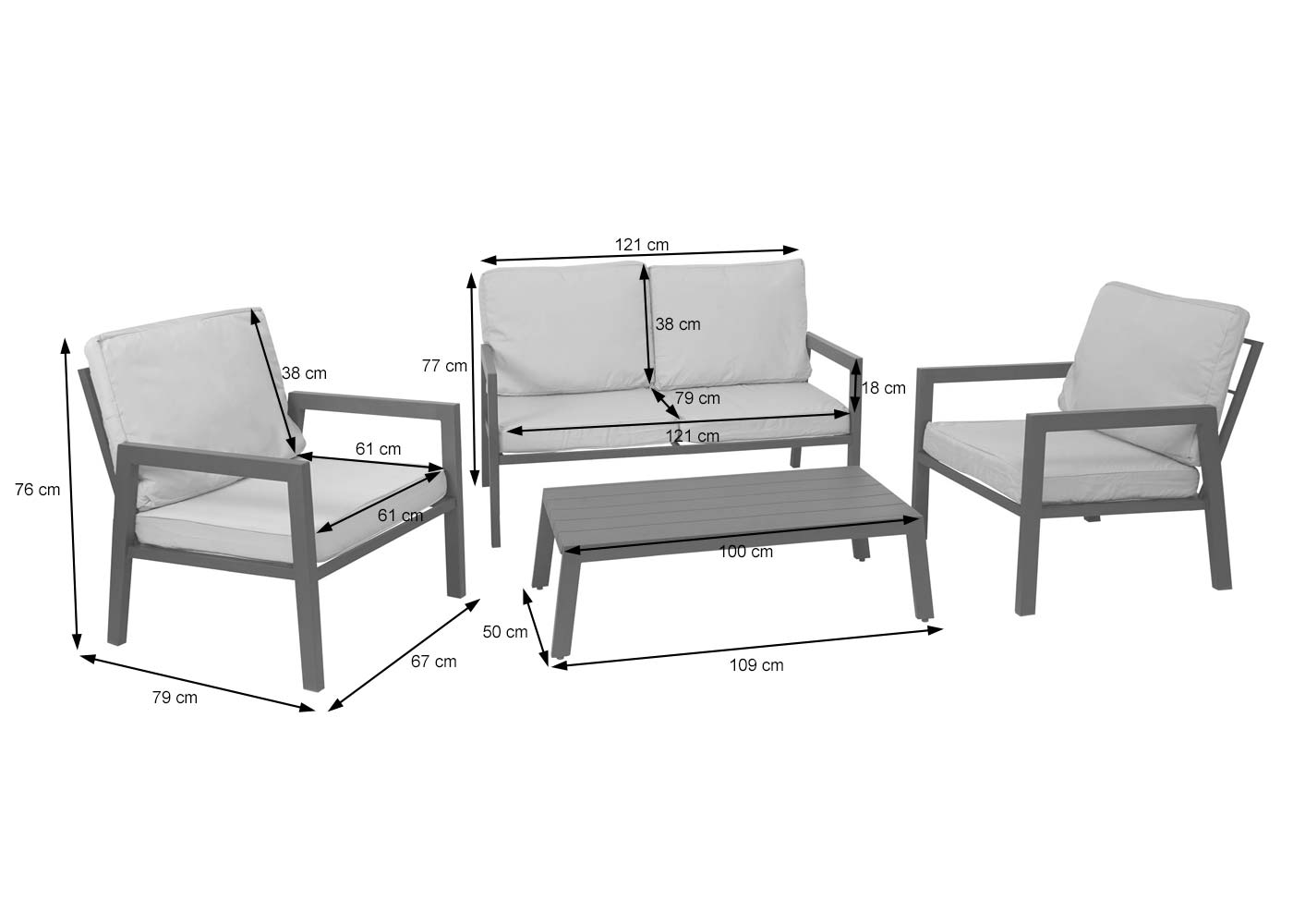 Cosmo Casa - Tuinlounge Set - Bank & Tafel - Metaal & Bekleding - Grijs