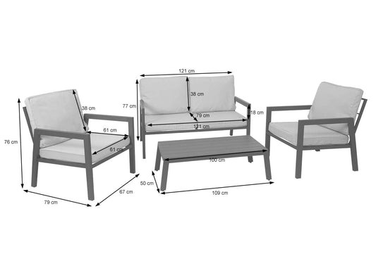Cosmo Casa - Tuinlounge Set - Bank & Tafel - Metaal & Bekleding - Grijs