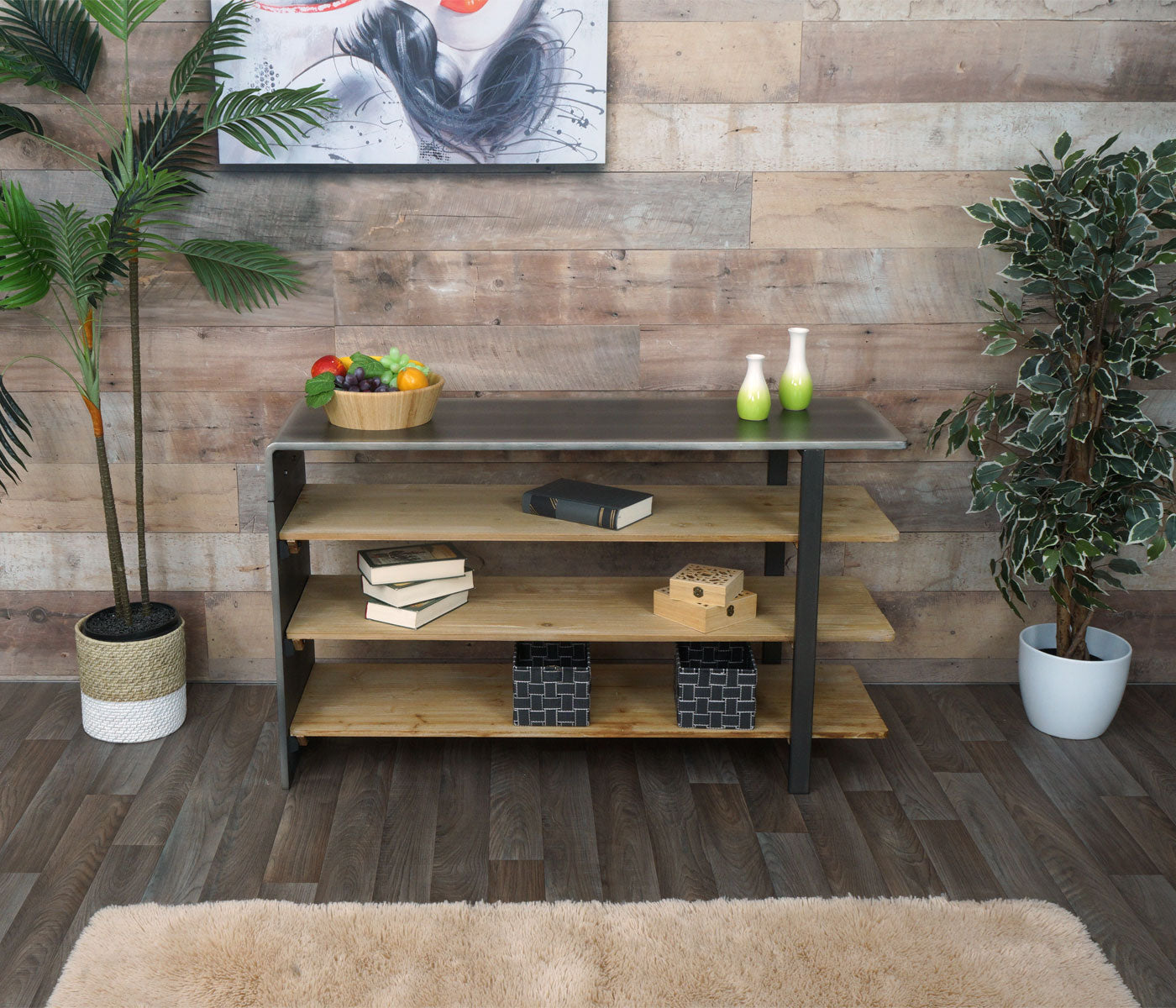 Cosmo Casa - Plank - Multifunctioneel industrieel ontwerp - Massief hout - Naturel met metaallook - 72×119×40 cm