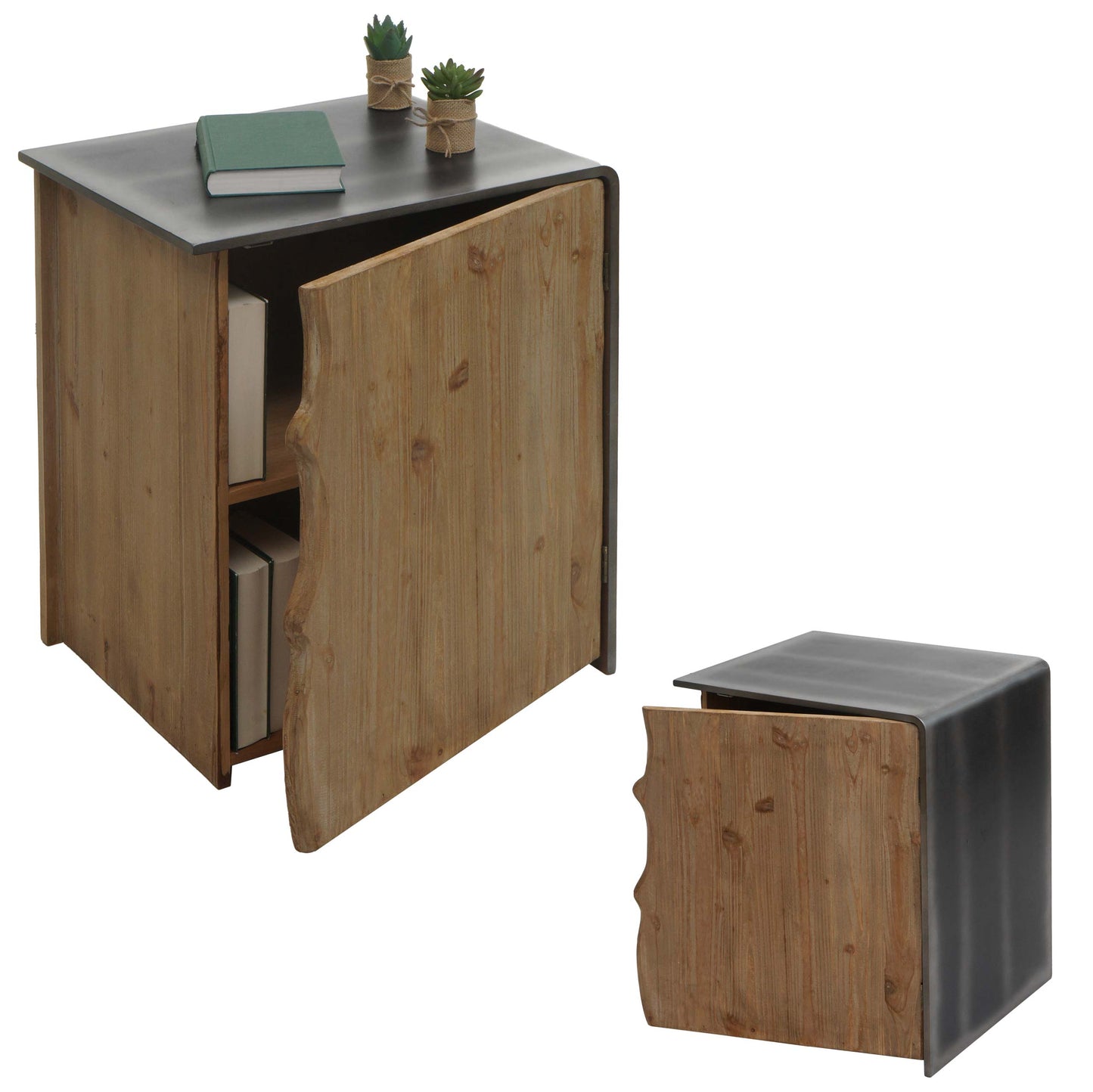 Cosmo Casa - Bijzettafel - Industrieel ladekast-design - Massief hout - Naturel met metaallook - 60×50×40 cm