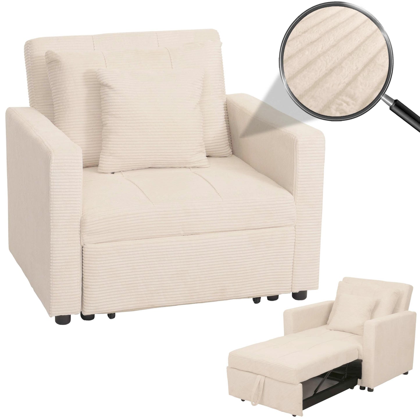 Cosmo Casa - Slaapstoel - Klapstoel - Logeerbed - Relaxstoel - Ligvlak 200x100cm - Stofkoord - Crème-Beige